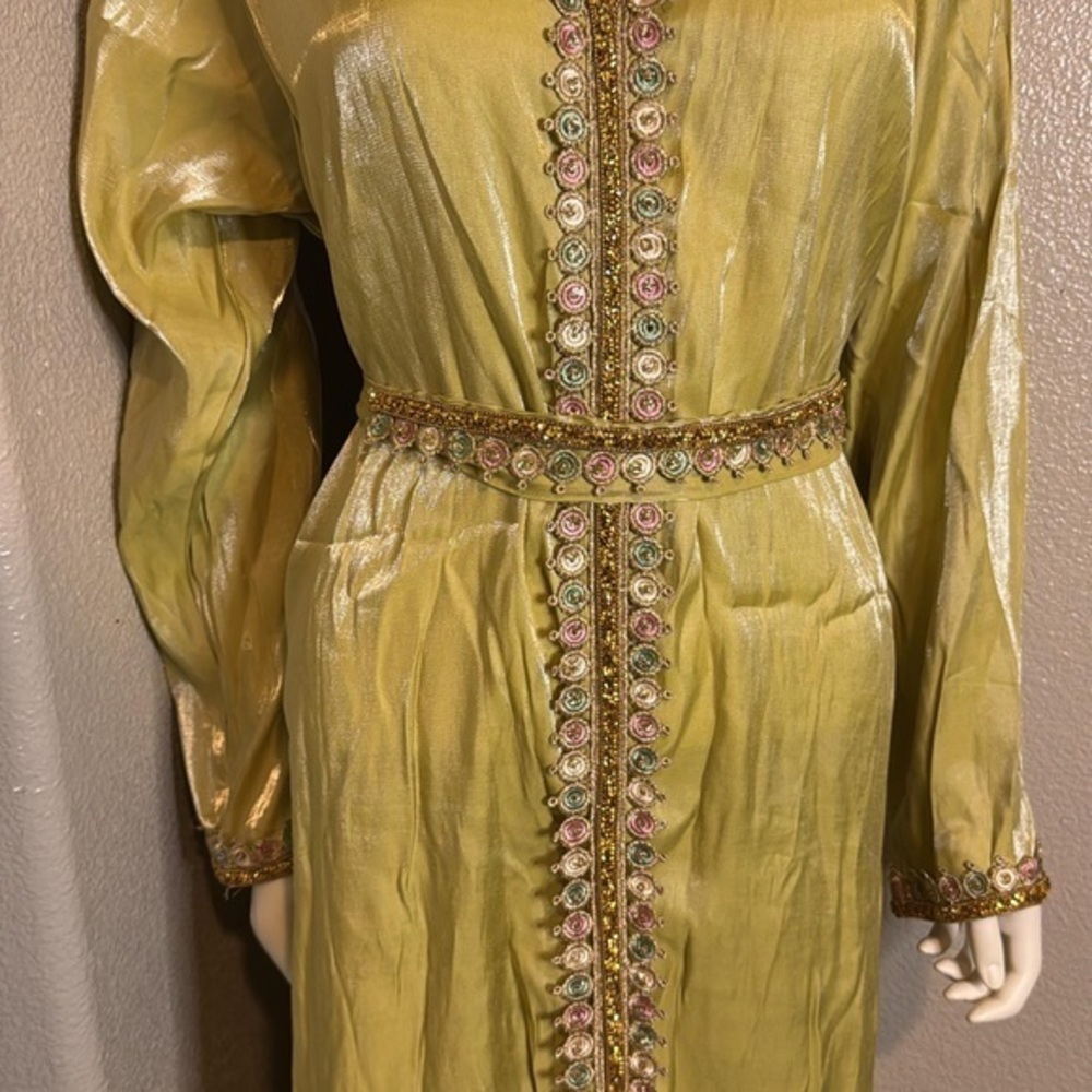 Moroccan Green Satin Hand-Stitched Rhinestone Long-Sleeve Kaftan
